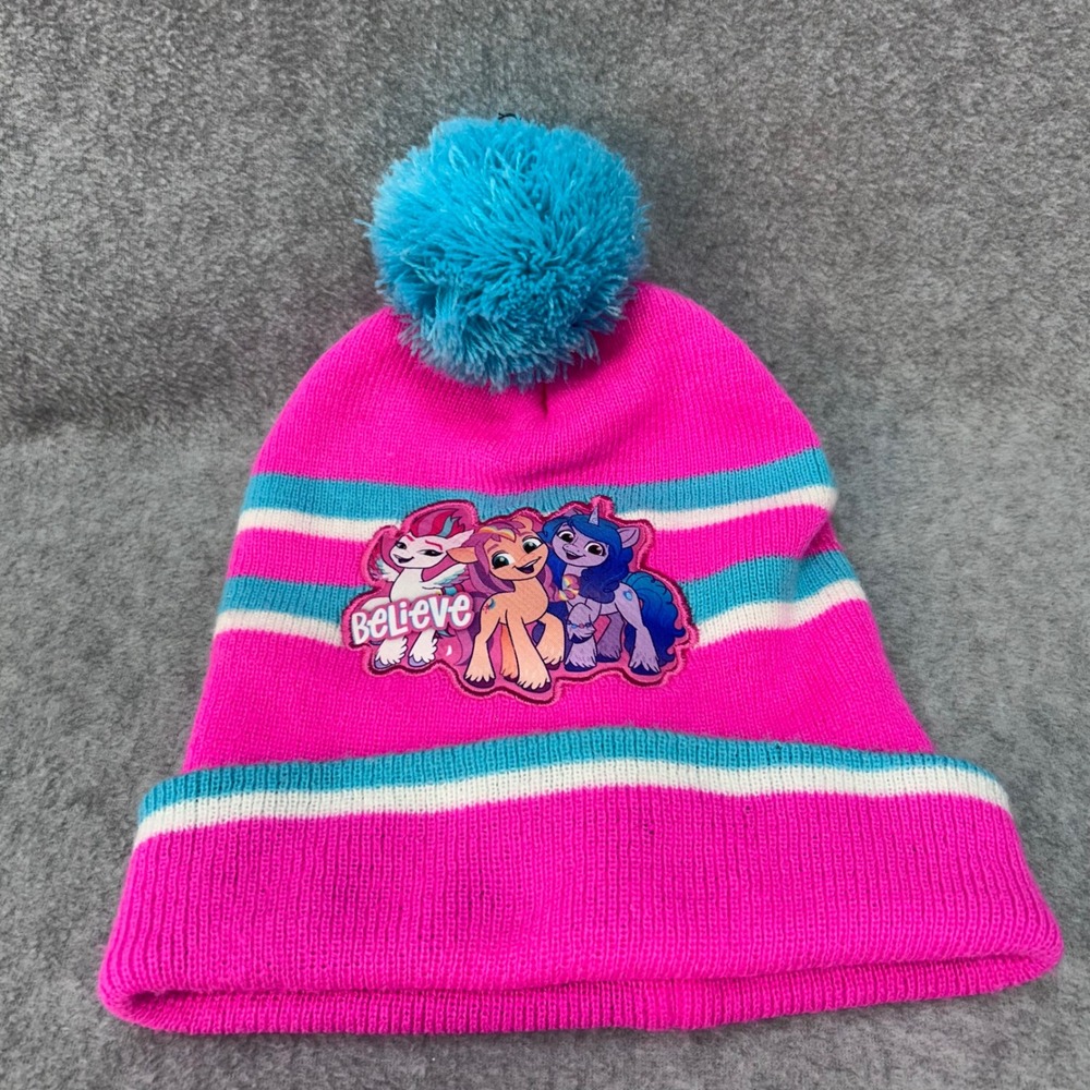 Believe Graphic Girls Pink My Little Pony Beanie Pom Pom Striped Knit Hat‎ OS